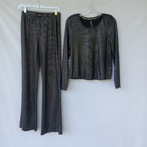 Steve Madden Black Shimmer Flare Leg Pajama‎ Loungewear Set Size Small NWT - Picture 1 of 5